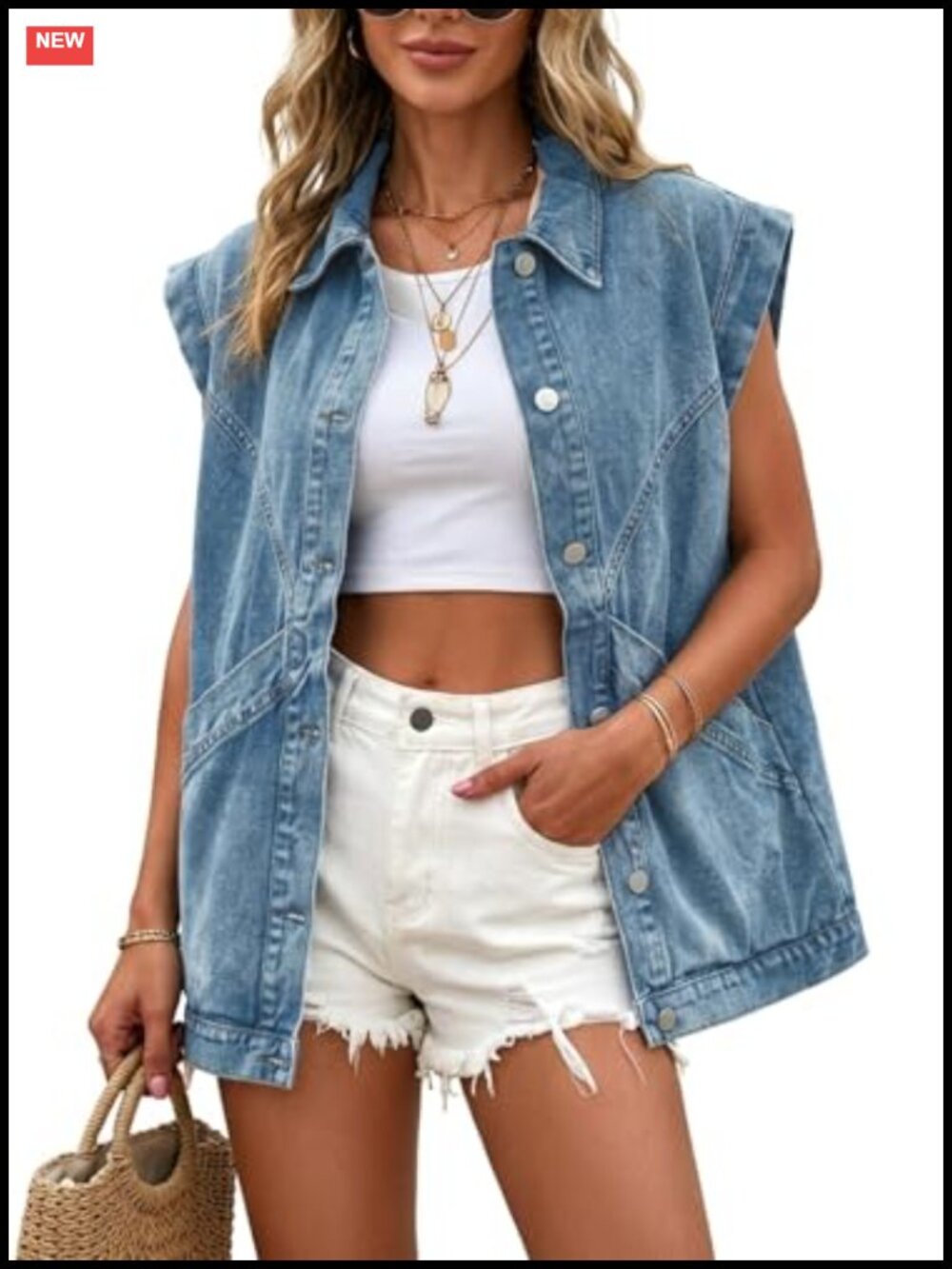 Oversized Sleeveless Denim Vest Jacket Women Casual Button Down Lapel Jean Vest